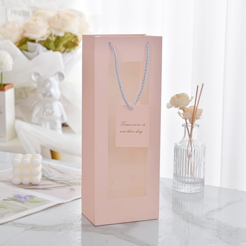 HANSWARE 2PCS Wine Gift Bags with Handles for Bottles Gifts Clear Window Paper Wine Bag for Valentines,Wedding,Easter,Christmas,Baby Shower,Birthday Party
