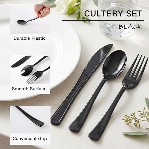 300Pcs Black Plastic Silverware Set, Disposable Forks Spoons Knives