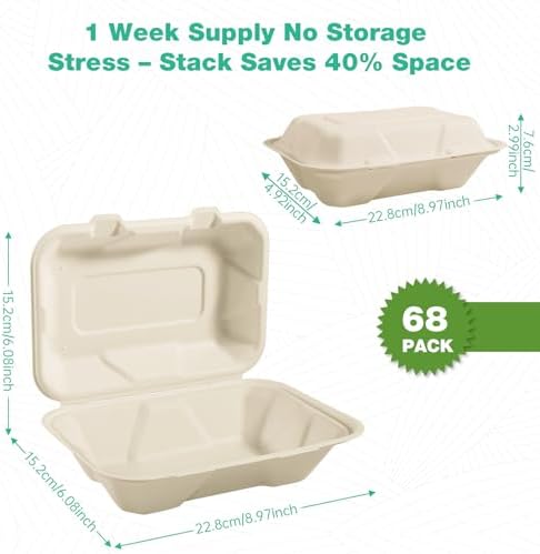 9x6x3 Inch 68 Pack Clamshell Take Out Food Containers, Compostable Disposable Paper To Go Boxes with Lids, Heavy Duty Sugarcane Bagasse Lunch Boxes for Leftovers, Meal Prep & Takeout, Natural