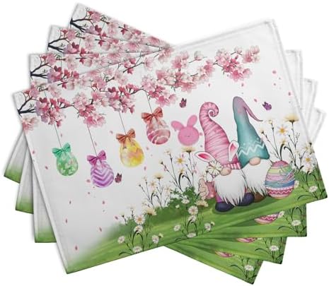 Easter Gnomes Bunny Placemats Set of 4 Easter Eggs Flowers Place Mat 12x18 Inch Seasonal Spring Farmhouse Washable Linen Table Mats for Party Kitchen Dining Outdoor Indoor Decor
