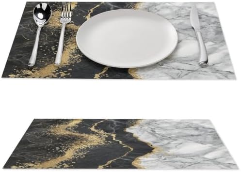 Black and Grey Placemats Set of 6, 12x18 Inch Abstract Modern Marble Pattern Printed Golden Stripe Linen Coffee Table Mats for Party Kitchen Dining Decoration