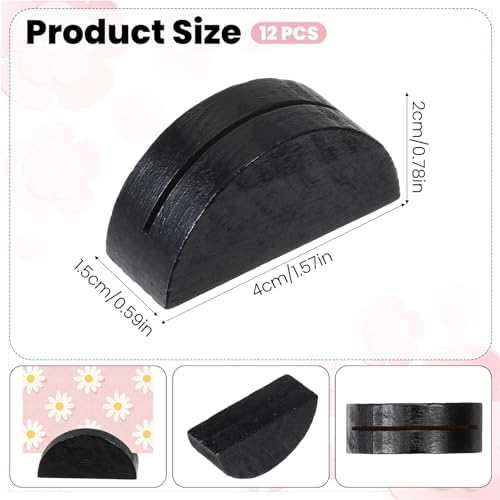 12 PCS Wooden Table Number Stands, Semicircular Wedding Place Card Holders, Reusable Wood Table Name Holders for Wedding Restaurant Banquet Birthday Party Photo Menu Clips Office Tag (Black)