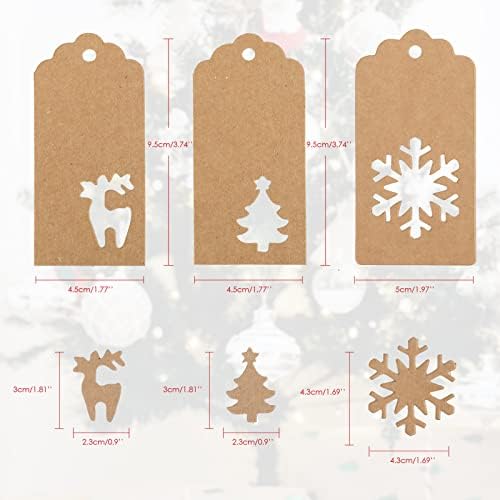 150 Pcs Christmas Tags,Xmas Tree Snowflake Reindeer Brown Kraft Paper Gift Wrap Tags with Jute String