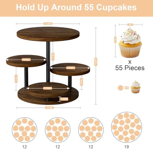 Cupcake Holder for 50 Cupcakes Wood Cake Stand with 4 Tiered Serving Tray 360°Rotating Dessert Stands Round Cookie Trays for Parties Wedding Baby Shower Afternoon Tea Dessert Table, Walnut