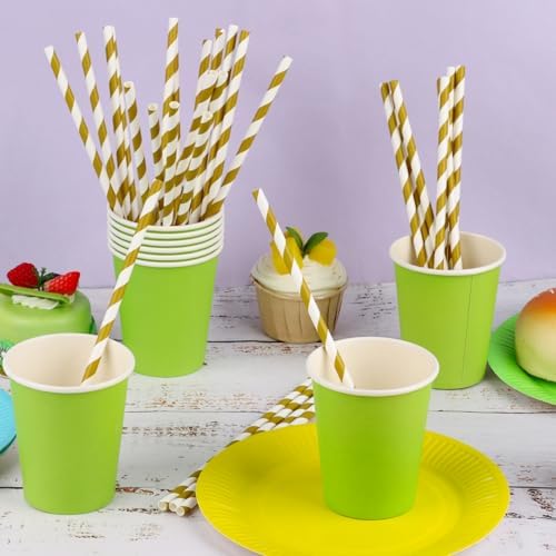 100 Packs Brown Biodegradable Striped Paper Straws, Disposable Drinking Straws for Birthday Carnival Summer Pool Party Wedding Baby Shower Halloween Christmas Party Decoration Supplies