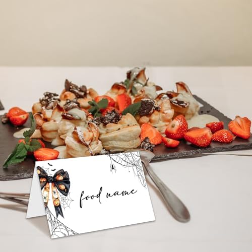 Halloween Place Cards for Table Setting, Bow Tent Cards Decor For Birthday Baby Shower Autumn Party Reception Decorations, Bridal Shower Place Card, 25 Pack Birthday Food Name Card 2 x 3.5" /031