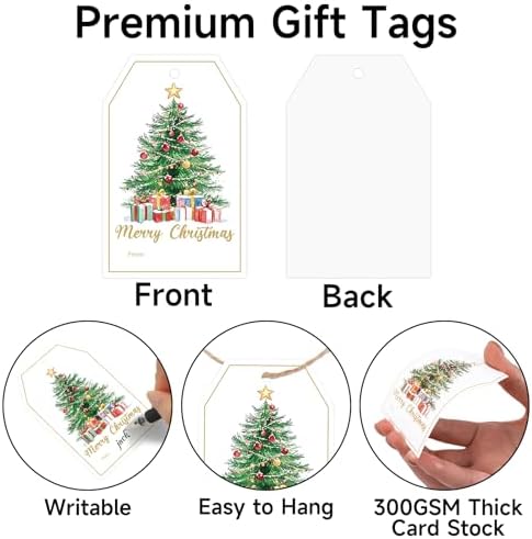 joycraft 50Pcs Merry Christmas Tags with String, Christmas Tree Gift Tags