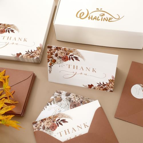 Whaline 100Pcs Fall Floral Thank You Cards with Envelopes Stickers Boxed Greeting Cards Watercolor Boho Flower Leaves Note Card for Autumn Thanksgiving, 4 x 6 Inch