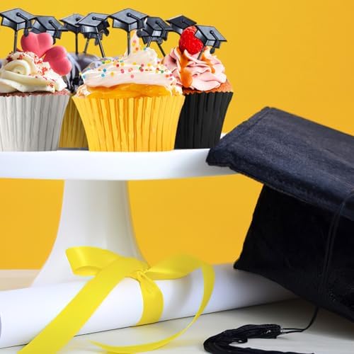 SANNIX 450Pcs Graduation Foil Cupcake Liners Black Gold Silver Cupcake Wrappers Foil Metallic Muffin Liners Baking Cups for Graduation Birthday New Year Party Decorations Supplies