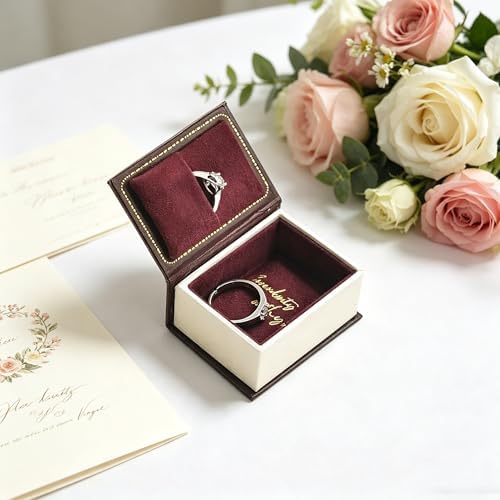 Book Shaped Ring Box - Vintage Engagement Ring Box with Hinged Lid for Proposal Engagement Wedding, Proposal Ring Case -PRB012-Brown