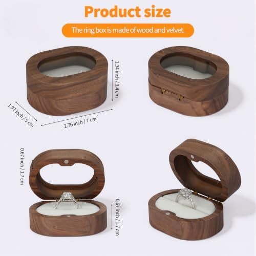 KUKUVR Oval Wooden Ring Box with Clear Window, Ring Holder Box for Wedding Day Engagement Proposal, Jewelry Gift Storage Box for Women (White - 1 Slot)
