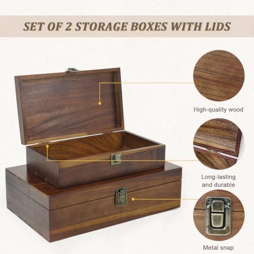 2-Pack Wooden Keepsake Boxes with Hinged Lid, 11.02 & 13.78Inch