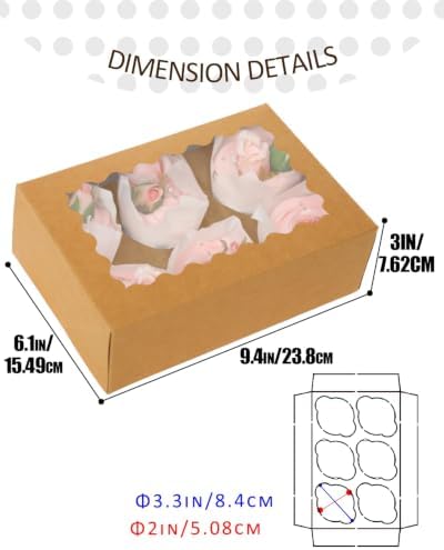 qiqee Auto-pop Up Cupcake Boxes with Window Brown 100PCS 6 Count Cupcake Box 9.4"x6.1"x3" Cupcakes Carrier, 6 Cupcake Containers