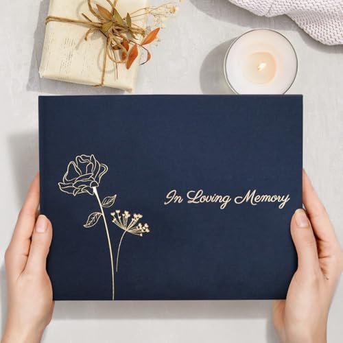 Rymori Funeral Guest Book for Memorial Service - with Pen, Cards, Table Sign & Back Pocket, Guests Sign in Book in Loving Memory | Celebration of Life Memorial Service Guest Book, Navy Blue Linen