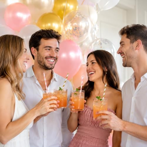 100 Packs Pink and Gold Biodegradable Striped Paper Straws, Disposable Drinking Straws for Birthday Carnival Summer Pool Party Wedding Halloween Christmas Party Decoration Supplies