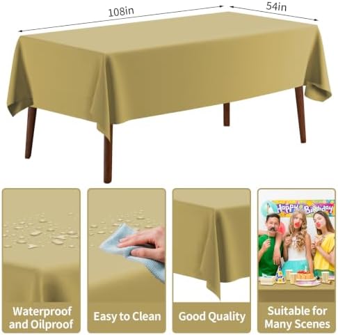 4 Pack Plastic Tablecloth 54" x 108"Disposable Gold Tablecloth Rectangle Plastic Table Cover for 6 to 8 Foot Tables Indoor or Outdoor Parties Birthdays Weddings Christmas