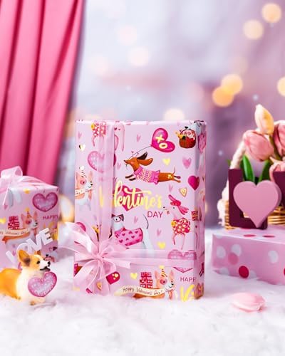 MAYPLUSS Valentines Day Wrapping Paper, Pink Heart Wrap Paper Cute Dog Gift Wrapping Roll for Girl Anniversaries Romantic Celebration, 17IN X 33FT