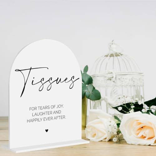 Tissues Acrylic Sign, Favor Wedding Engagement Bridal Shower Decor for Ceremony Modern Calligraphy Arch Acrylic Table Top Sign for Wedding Reception and Event Party 8x10 inch