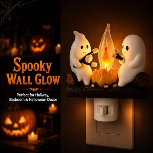 Ghost Campfire Night Light, Plug-in Wall Flickering Flame Nightlight, Halloween 3D Cute Spooky Marshmallow Ghost Decoration for Bedroom, Spooky Season Home Halloween Decor for Kids Adults