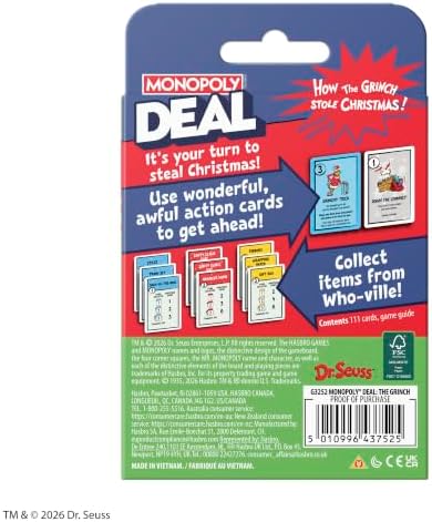 Monopoly Deal: How the Grinch Stole Christmas! Edition Card Game | Officially Licensed Dr. Seuss Family Games | 2-5 Players | 15 Mins. | Ages 8+