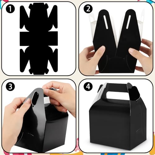 Hxezoc 24 Pieces Black Party Favor Boxes Gable Candy Treat Box Folding Paper Gift Box with Handles for Baby Showers Birthday Party Wedding Decoration Supplies