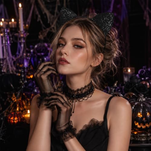 U-Goforst Black Cat Ears Headband Adult, Glitter Black Cat Costume for Women, Halloween Ears Fancy Dress Cosplay Accessories