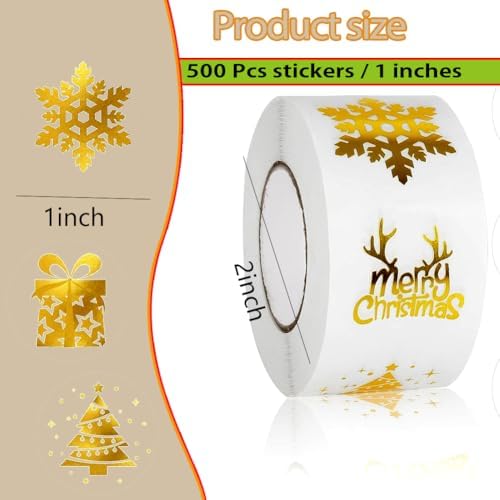 500Pcs Christmas Stickers Roll - Hot Stamping Snowflake Self-Adhesive Sealing Stickers,Gold Sparkly Waterproof Decals for Christmas Party Envelope Scrapbook Decor（ 6 Pattern Designs）
