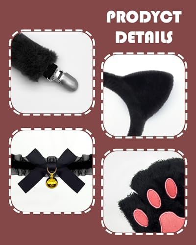 Black Cat Costume Accessories - Cat Ears Headband Tail Paws Gloves Choker Fluffy Cute Set for Adult Women Halloween
