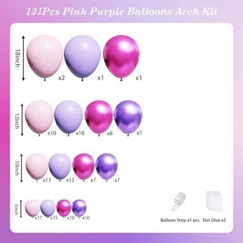 Pink and Purple Balloons, 131pcs Light Pink and Purple Balloons Arch Kit
