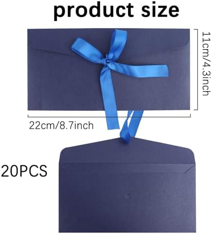 20 Pack Pearlescent Blue Decorative Envelopes with Ribbon Bow, 8x4 Inch Christmas Cash Gift Envelope, Greeting Invitation Envelope Classical Pure Set for Wedding Birthday Festival and Party
