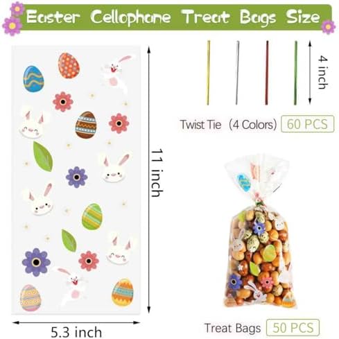 QOIUSO Easter Treat Bags: Clear Easter Cellophane Bags with 60 Twist Ties for Candy Goodie Cookies Sweet and Gifts Packaging - 50pcs Assorted Bunny & Egg Designs Platstic Party Favors Bags