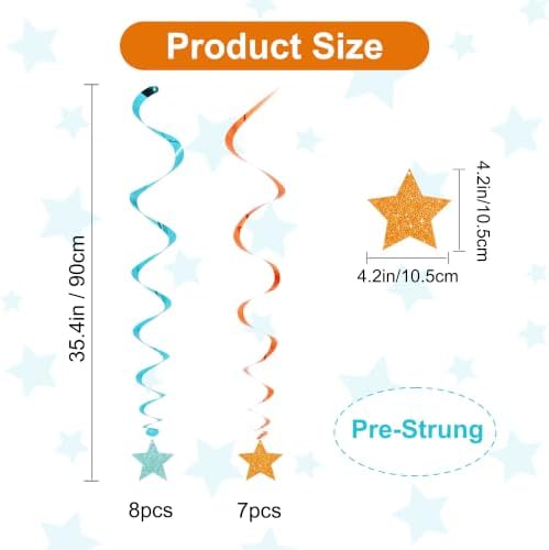 BEISHIDA Blue Orange Glitter Stars Hanging Swirls Pre-Strung Stars Hanging Decorations for Baby Shower Paw Birthday Party Decorations Supplies,Pack of 15