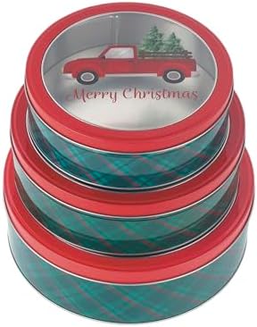 DAHO Christmas Holiday Cookie Tin Containers with Window, 3pc Nested Set, Holiday Cookie Tins with Lid for Gift Giving, Cookie, Treats, Cookies Party Favor and Gifts (Truck, Round Shape)