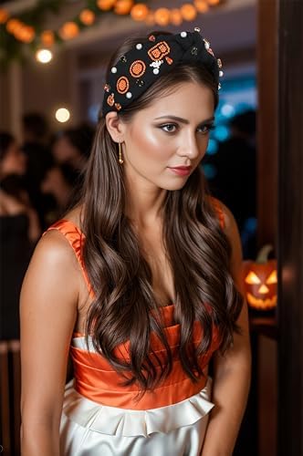 Halloween Boo Headband for Women Crystal Pearl Knotted Hairband Beaded Black Orange Wide Knot Headband for Girls Adult Halloween Pumpkin Ghost Accessories Outfits Gifts
