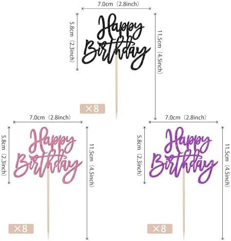 24 PCS Happy Birthday Cupcake Toppers Glitter Happy Birthday Cupcake Picks for Celebrating Anniversary Theme Party Cake Decorations Supplies Black Purple Pink