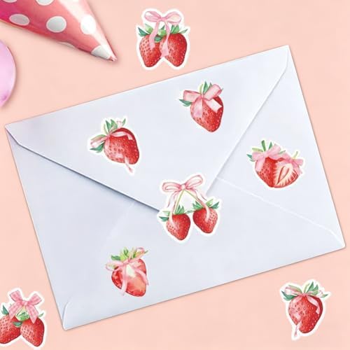 500PCS Fruit Stickers Rolls 8 Styles Strawberry Sticker 1in Self-Adhesive Waterproof Vinyl Stickers Decor for Birthday Party Envelopes Scrapbook Decorations