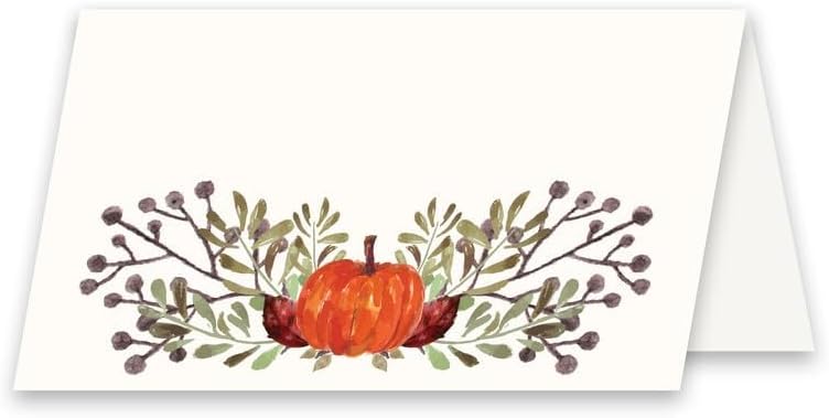 Koko Paper Co Thanksgiving Table Place Cards with Pumpkin and Fall Leaves | 50 Tent Style Dinner Setting Name Cards | Designed and Made in the U.S.A.