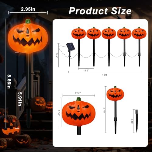 BRIGHTDECK Halloween Solar Pathway Lights Outdoor, LED Decor, Light Up Solar Stake Lights for Holiday, Halloween, Walkway, Sidewalk (Flat Pumpkin, 10-Pack)
