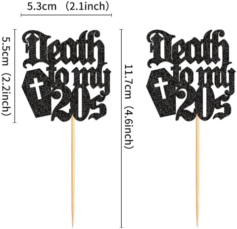 24Pcs Black Death to My 20s Cupcake Toppers Death to My Twenties Cupcake Picks for Gothic 30th Birthday Funeral 30th Birthday Anniversary Cupcake Decorations Rip to My Youth Emo Party Decorations