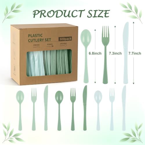 300Pcs Sage Green Plastic Silverware Set, Full Size Disposable for Dinner