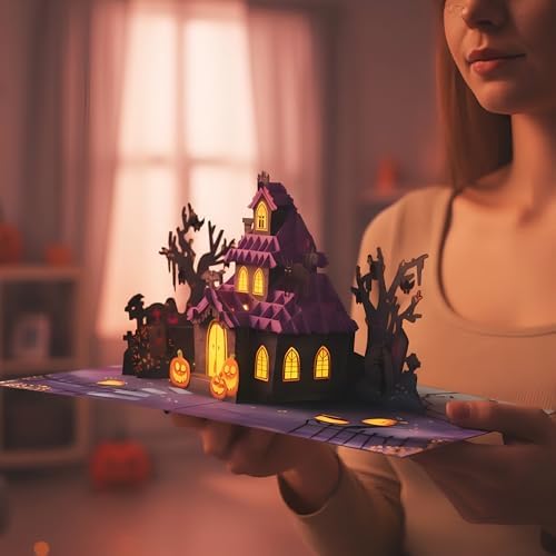 Paper Love Halloween Card | 3D Pop-Up Haunted House Greeting Card for Kids, Adults, or Spooky Friends | 5" x 7" w/Envelope & Note Tag