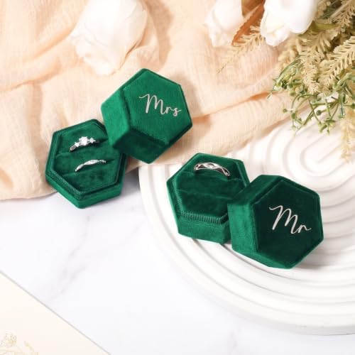 Mr & Mrs Velvet Wedding Ring Box 2 Slots Cursive Hexagon Jewelry Ring Box for Wedding Day Ceremony Bridal Photography Gift Set of 2 (Emerald Green)