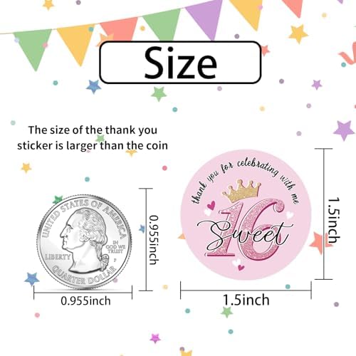 Heyfibro 500 PCS 1.5 Inch Thank You for Celebrating with Me Stickers for Birthday Party, Gift Packing, Envelope Sealing, Baby Shower(Sweet 16)