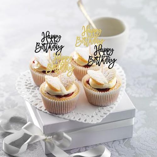 24 PCS Happy Birthday Cupcake Toppers Glitter Happy Birthday Cupcake Picks for Celebrating Anniversary Theme Party Cake Decorations Supplies Black Gold