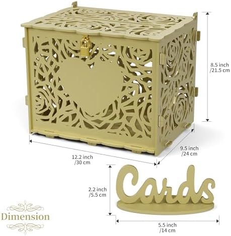 Jolik Love Wedding Card Box with Sign, Large Rustic Locking Money Box Holder for Wedding Reception, Gift Card & Envelope Storage, DIY Anniversary & Birthday Party Decoration (Gold)