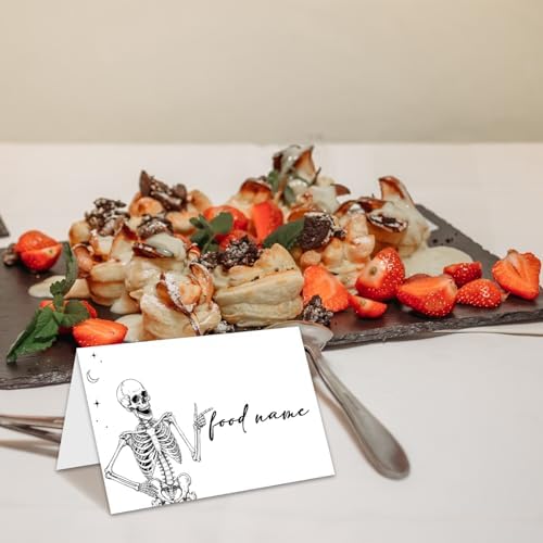 Halloween Place Cards for Table Setting, Skeleton Tent Cards Decor For Birthday Baby Shower Autumn Party Reception Decorations, Bridal Shower Place Card, 25 Pack Birthday Food Name Card 2 x 3.5" /035