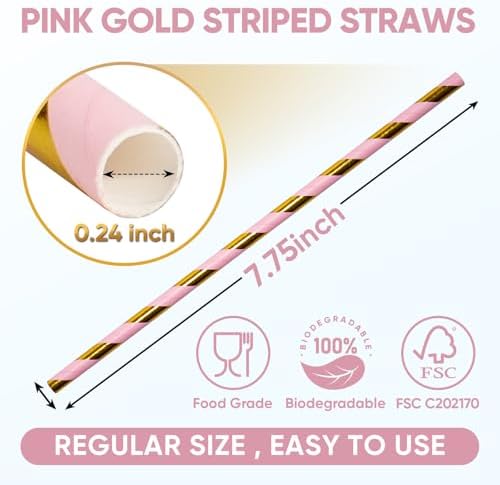 100 Count Pink Gold Striped Paper Straws, Biodegradable Drinking Straw for Weddings, Birthdays, Graduations and Party Decorations (7.75" x 0.24")