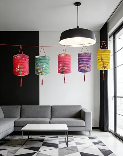 5PCS Paper Lanterns with LED Lights Valentines Day Chinese New Year'eve Spring Festival Lantern 6.3inches , Hanging Lighting Lanterns for Mid Autumn Dinner Birthday Party Decoration