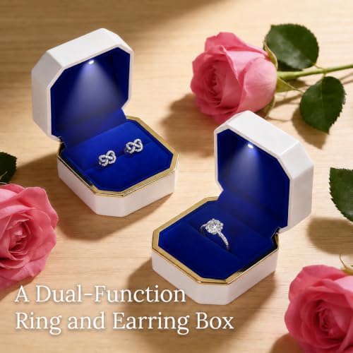 Luxury Velvet Engagement Ring Box with LED Light - Wedding Ring Box for Proposal, Jewelry Gift Box, Ring Case, Travel Engagement Gift for Wedding Day Anniversary