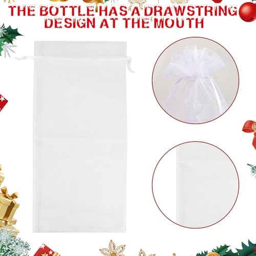 KIMOBER 30Pcs White Organza Wine Bags, 6.3" × 14.6" Mesh Christmas Wine Bottle Gift Bags with Drawstring for Christmas, Champagne Bottles, Wedding Party Gifts